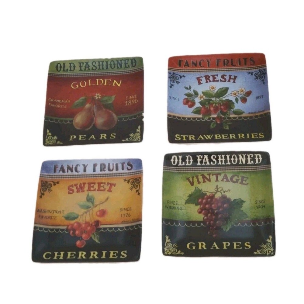 Lang Kimberly Poloson Fruits Plates Coasters Trinket 4.75" Party Dishes Vtg 4Pk